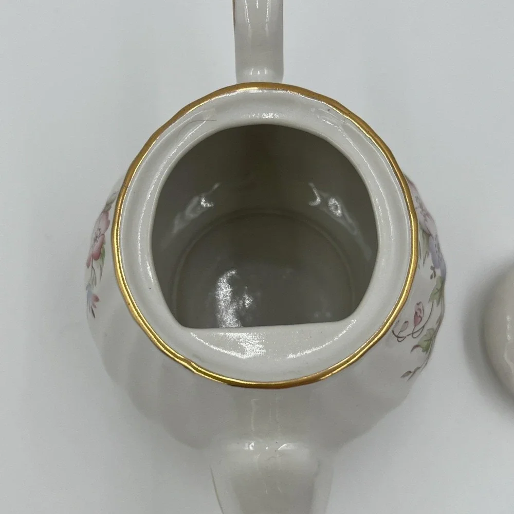 Royal Oak Mini Teapot White Floral Porcelain Gold Trim Ribbed Small‎ Tea Pot